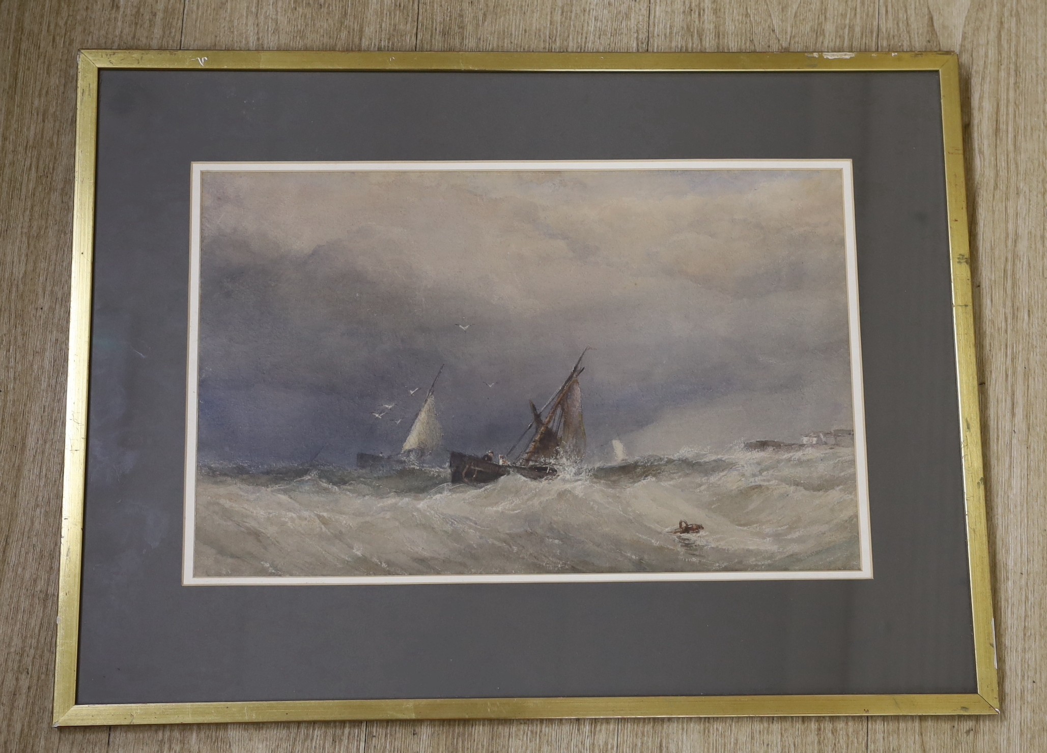 E. Tucker (fl.1849-1873), watercolour, Fishing boats at sea, 31 x 48cm
